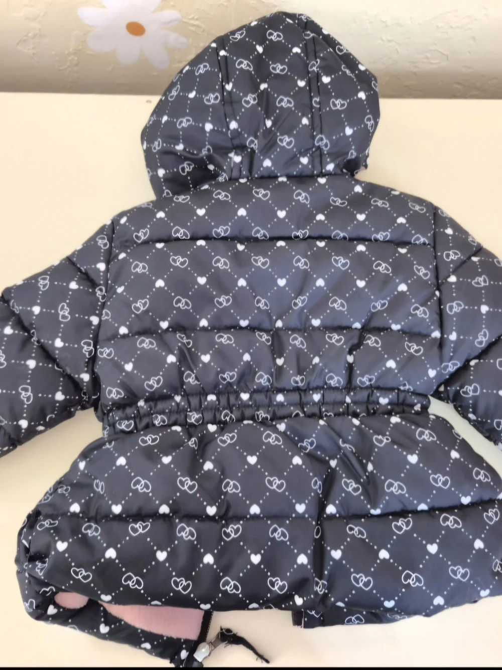 Pink-Lined Black Heart-Print Puffer Jacket for Kids